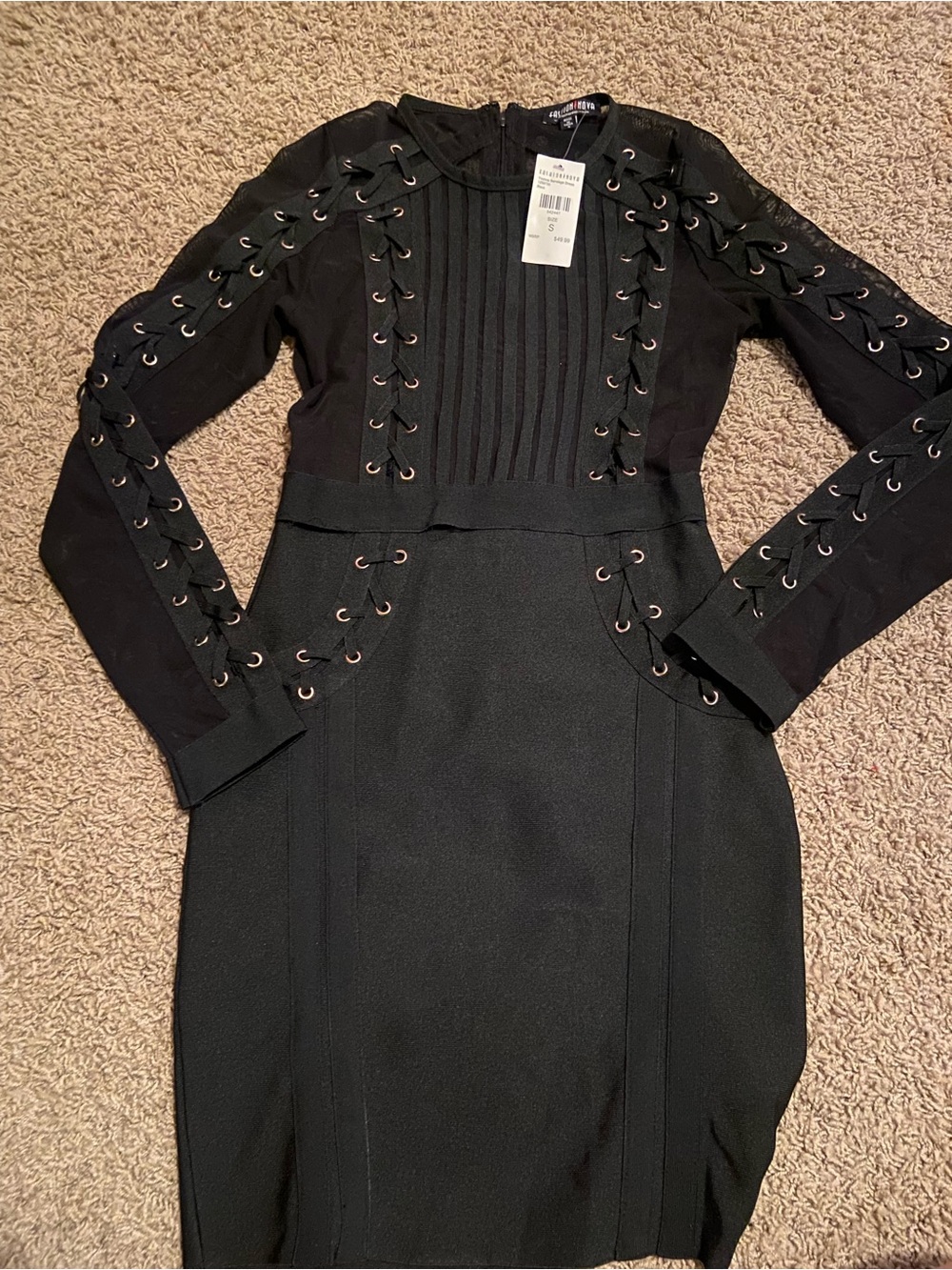 Fashion nova Black Lace-Up Long Sleeve bandage Dress